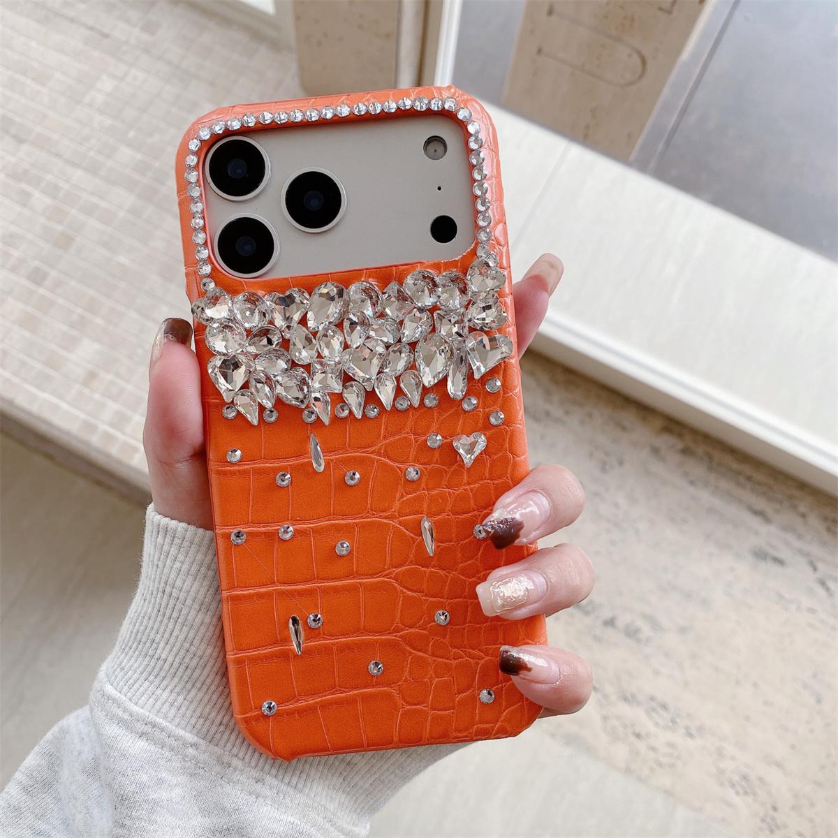

Orange Leather Glitter Diamond Phone Case for IPhone Air 17 16 Plus 12 13 14 15 Pro Max Luxury Bling Rhinestone Protective Cover iPhone Air