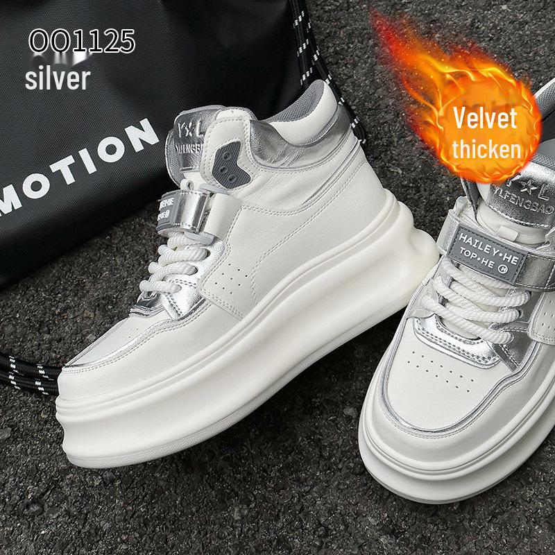 Women's High-Top Genuine Leather Velcro Sneakers with Thick Soles - Height-Enhancing Casual Sports Shoes for Spring & Autumn 2025