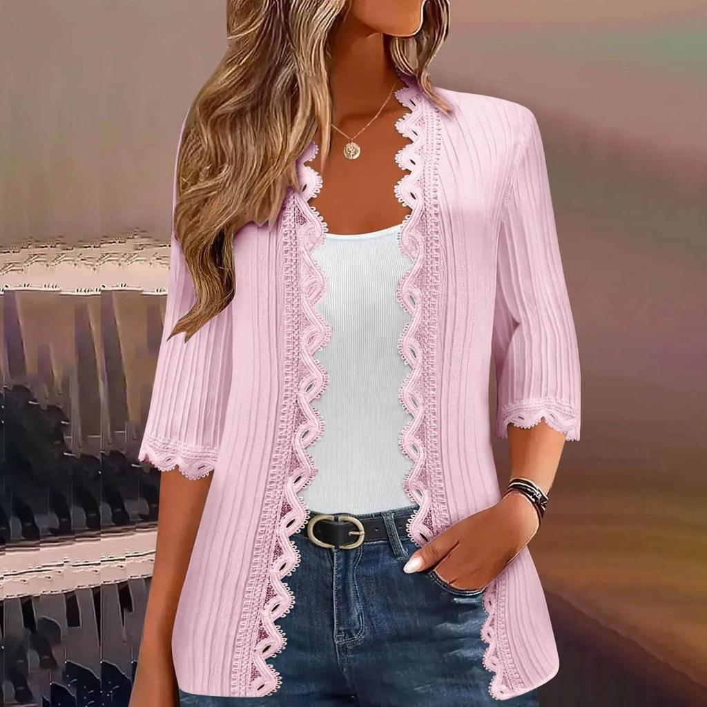 Women's Fashion Casual Seven Split Sleeve Solid Color Lace Cardigan Jacket