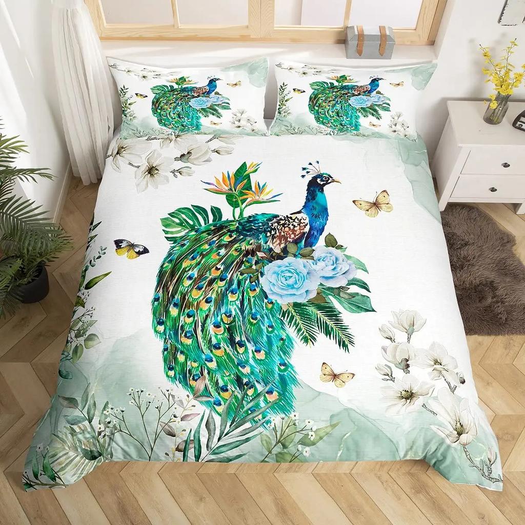 Comforter Peacock Queen Watercolor Feather Bedding Set Bird Animal Floral Print Art Painting Comforter And 2 S