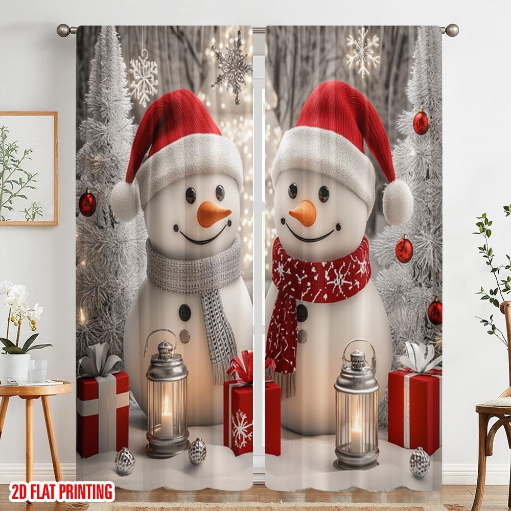 2pcs,2D plane printing Curtain Popular Cute Snowmen Christmas Gifts_d (2) Versatile Fabric (without rod) Holiday Ldeal for