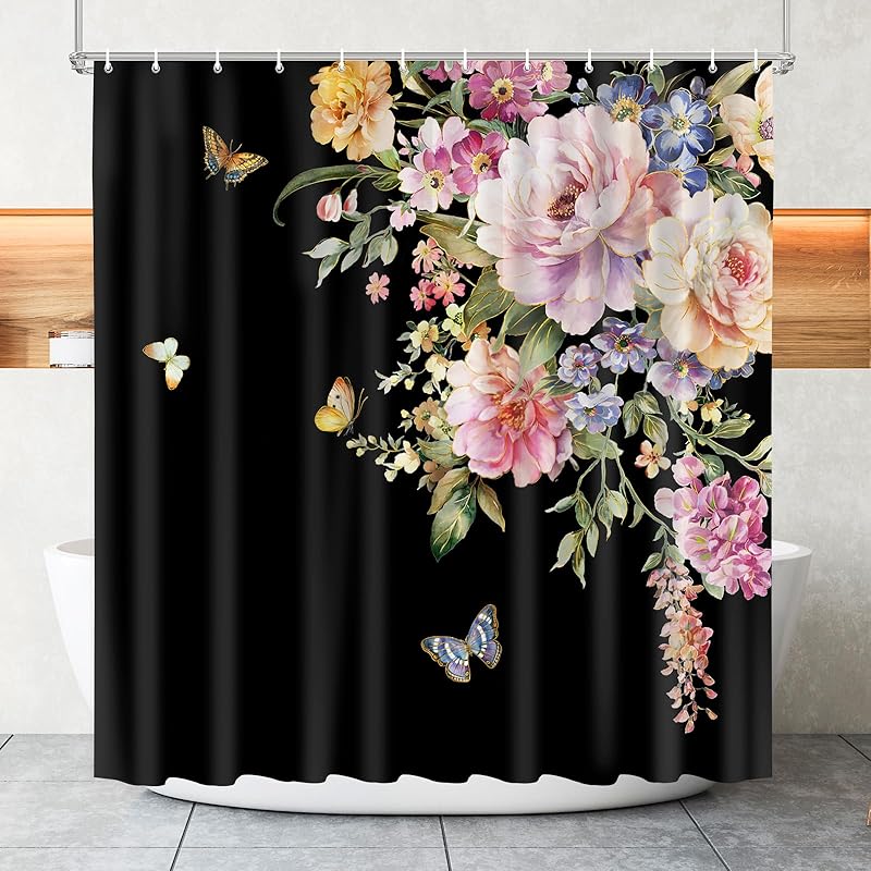 Vimorco Flower Butterfly Shower Curtain, Black Shower Curtains for Bathroom, Waterproof Quick-Dry Polyester Fabric Flower Shower Curtain, Floral Bath