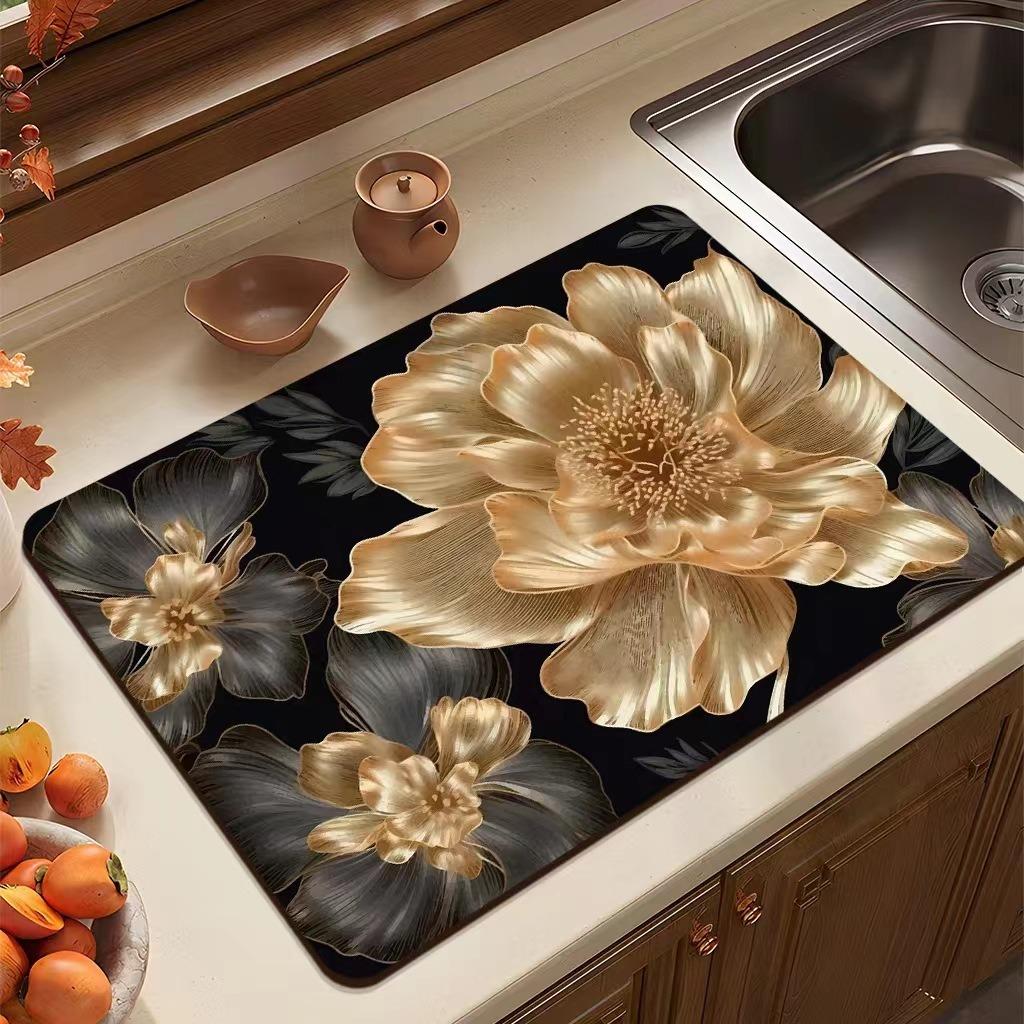 Flower Printed Drain Pad Rectangular Coffee Machine Drying Mat Absorbent Drain Dish Pads Tableware Sink Rugs Placemat