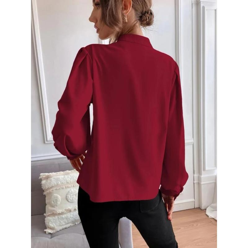 VEZFAA Damenmode Casual Frühling Herbst Einfarbig Druck Langarm Halb Rollkragen Blusen & Hemden