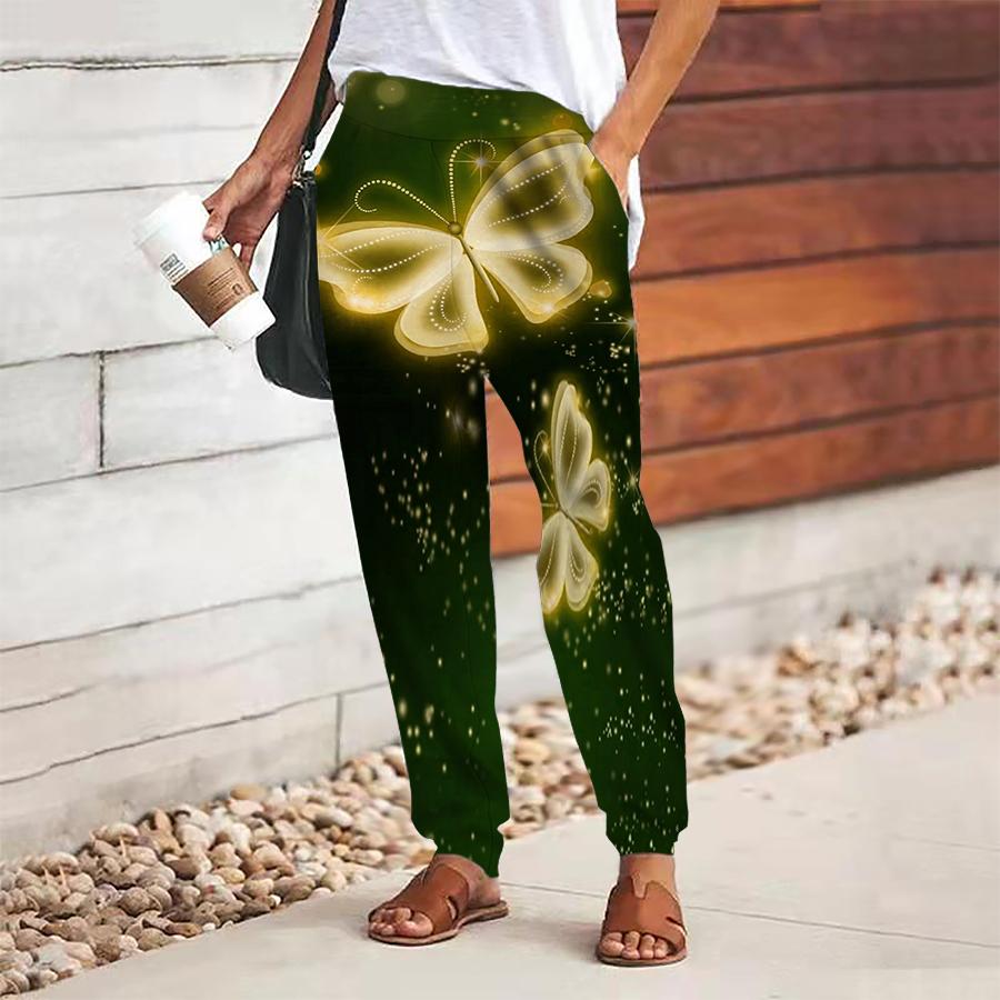 Women Butterfly Printing Pants Lace Up Elastic Waist Loose  Trousers Casual Long Pants Trousers with Pockets