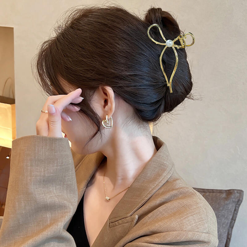 Metal Block Pearl Ribbon Updo Hair Clip