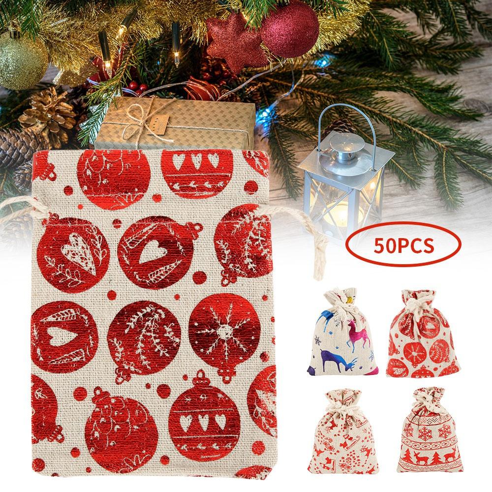 50PCS Christmas Gift Bags Drawstring Reusable Candy Bag Cotton Linen Bag Santa Sacks