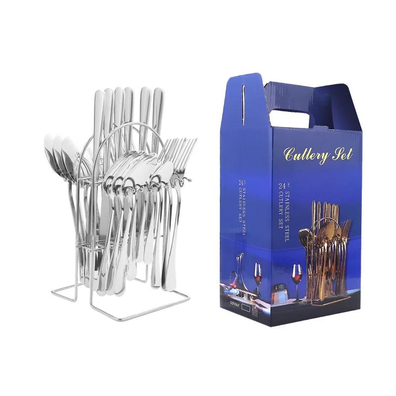 24pcs Luxury Dinnerware Sets with Holder Stainless Steel Fork Spoon Knife Business Gift Box Cutlery Rack Home Flatware Tableware