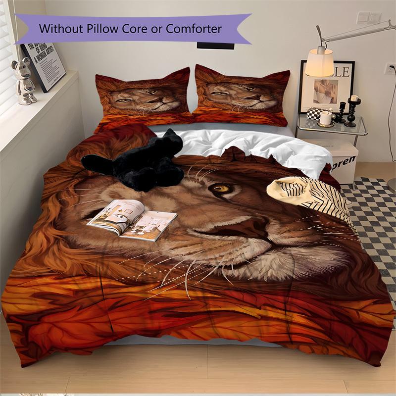 3pcs Lion, Autumn Leaves Bedding Set - 1 Duvet Cover + 2 Pillowcases(Core Not Included), Machine Washable Polyester yy251216142