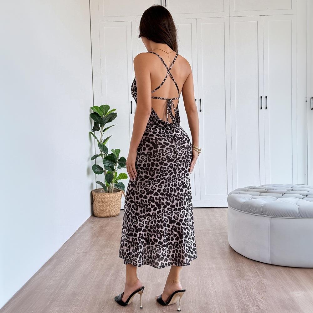 Summer new slim-fit hip-wrapped sexy backless suspender leopard print fashion dress European and American medium and long dress women