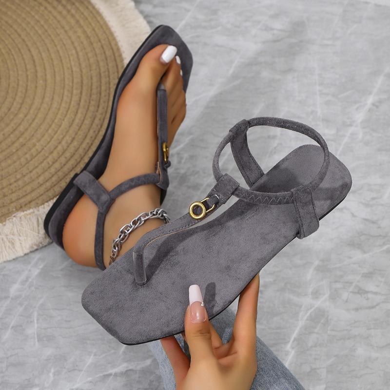 Damen Zehentrenner Sandalen Flach Metallische Schnalle Offene Zehen Römische Strandschuhe