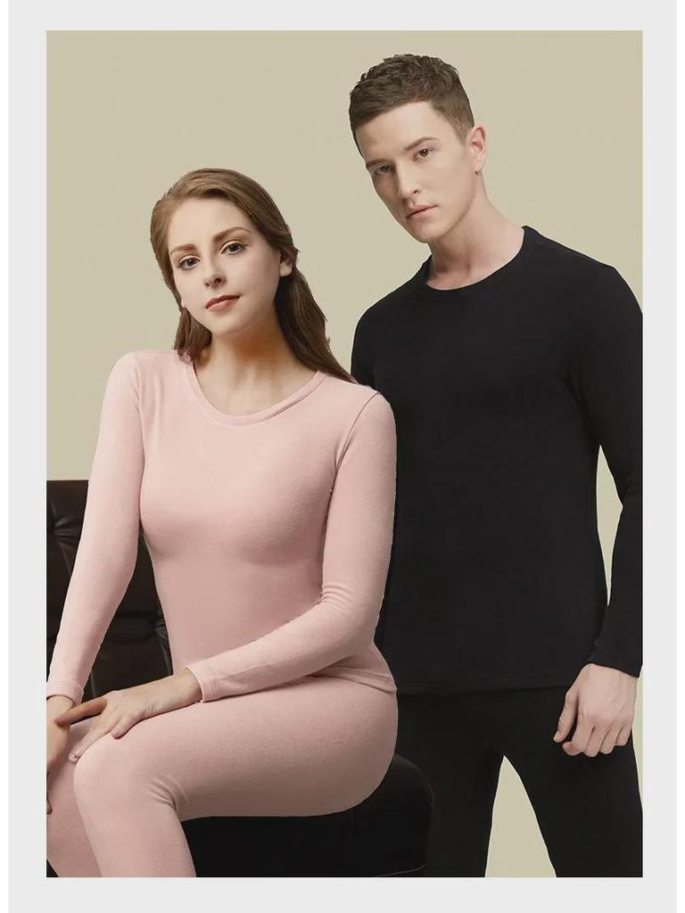 Couples' Comfortable Velvet Thermal Underwear Set with Thickened German Velvet - Round Neck Autumn Top and Winter Bottom Leggings