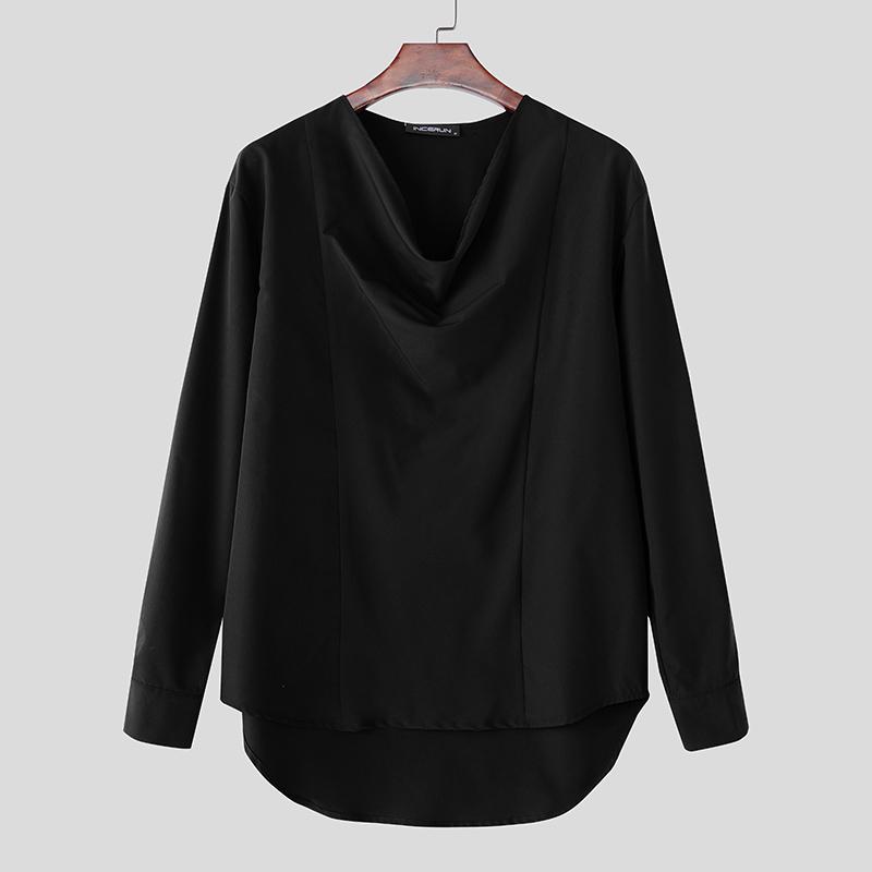 

INCERUN Мужские рубашки оверсайз с отложным воротником, длинным рукавом, повседневные, свободные, однотонные 5XL чёрный