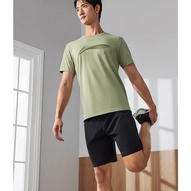Li Ning Fitness Series T Shirts Men's Elm Branch Green Crew Neck Moderate Straight Fit ATST101-3