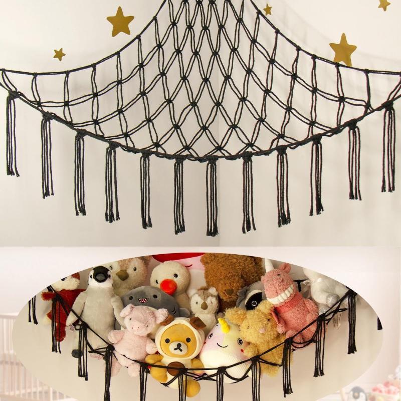 Boho Tassel Toy Hammock Wall Corner Hanging Storage Net Durable Cotton Woven Organizer for Kids Room Nursery Home Decor