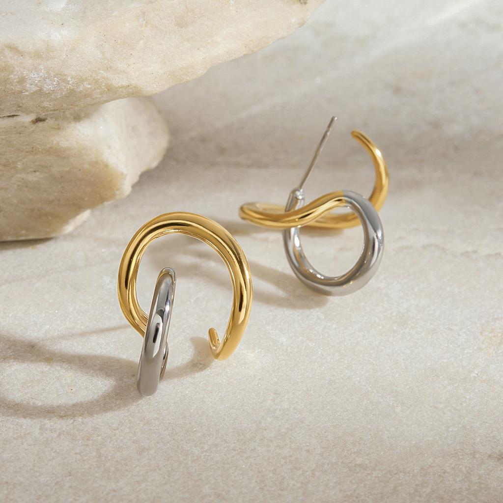 Fashion Two Tone Irregular Line Earrings 18K Gold Color Plated Stainless Steel Wrapped Hollow Earrings Women's Jewelry Gifts