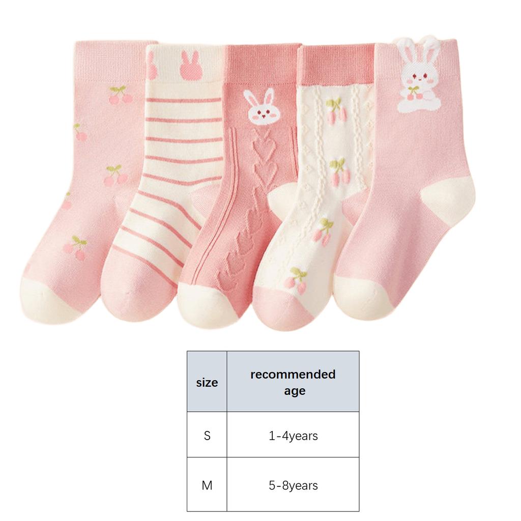 5 Pairs Kids Cotton Socks Cute Rabbit Pattern Mid Tube Warm Socks For Girls Baby Toddler 1-8 Years Spring Autumn Wear