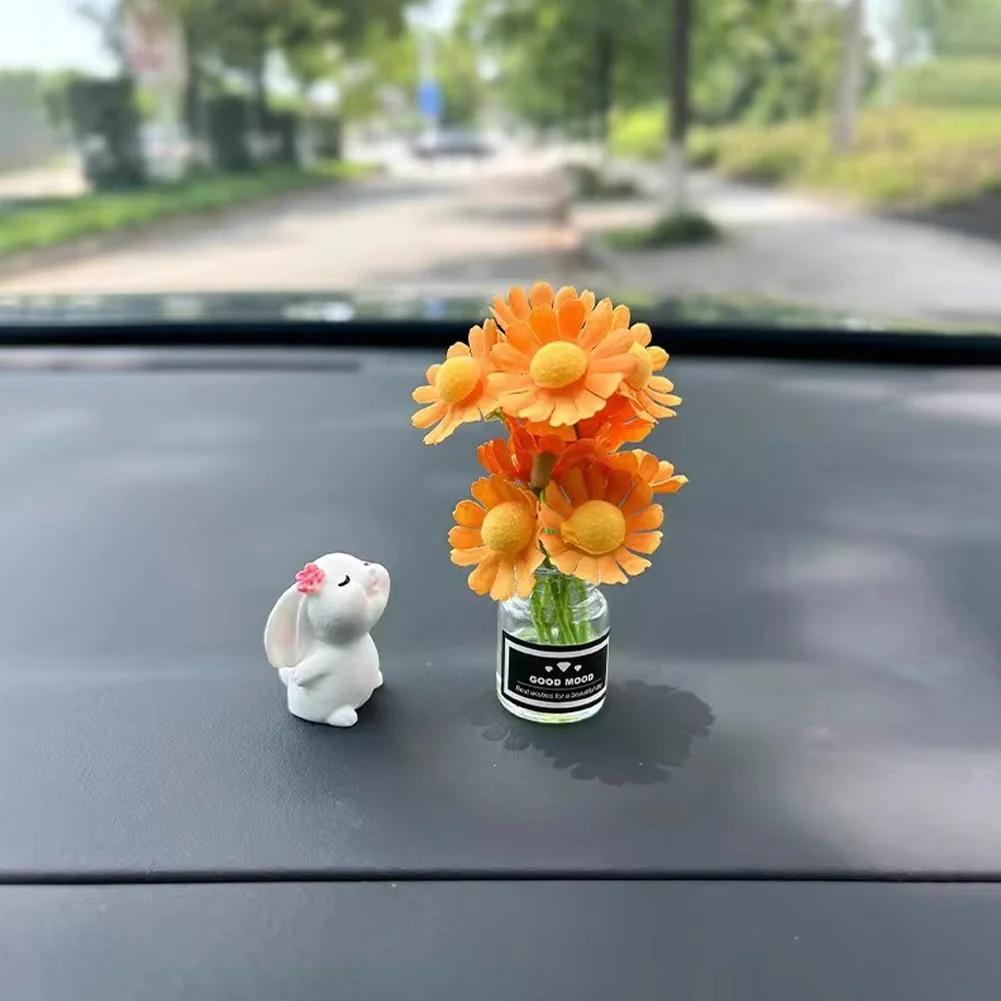 1Pc Cute Creative Bunny Daisies Car Widgets Desktop Cartoon Animal Decoration Micro-Landscape Diy Home Decor