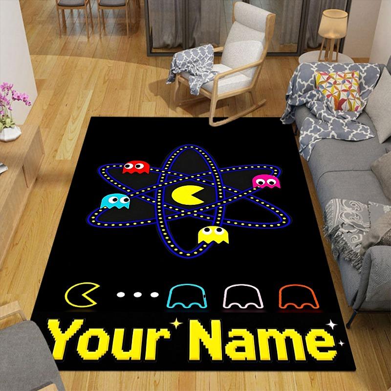 Custom 1Pc Retro Pac Man Custom Name Flannel Personalized Rug Non Slip Floor Mat Soft Carpet for Living  Bedroom Office Home Decor Gift