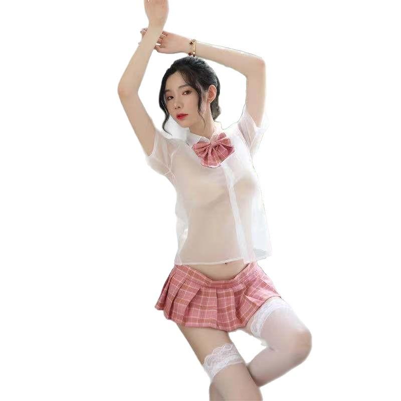 Sexy lingerie girls' school wear transparent shirt short skirt girls' uniform suit pure and sweet temptation tight