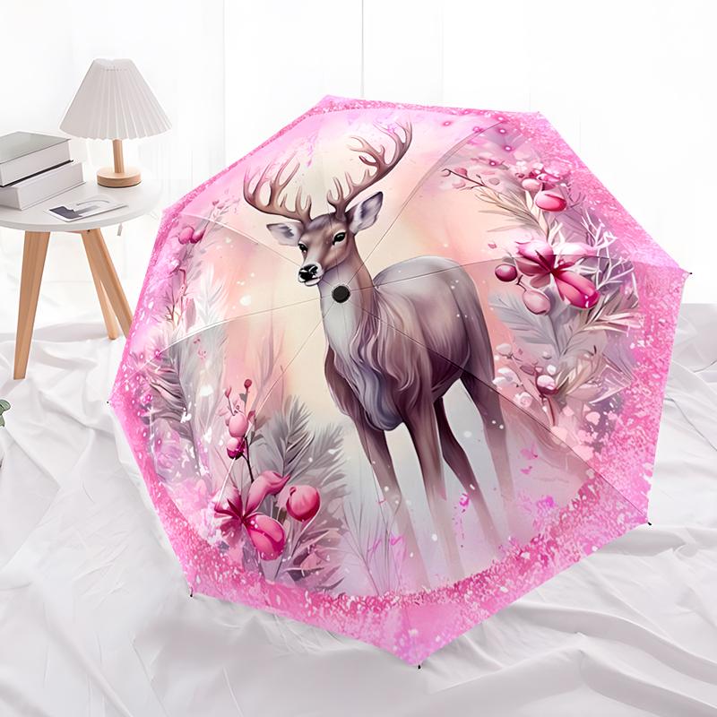Christmas Reindeer Folding Umbrella-Fashionable Auto-Open Design 8 Iron Ribs Plastic Handle Foldable Sunshade,Perfect Gifts