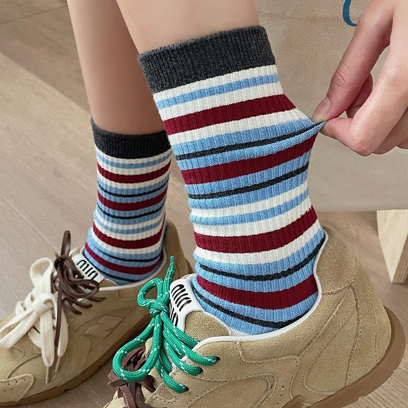 Korean Double Needle Striped Cotton Socks Autumn Retro Sports Stockings Piled Up Socks With Socks Stripes