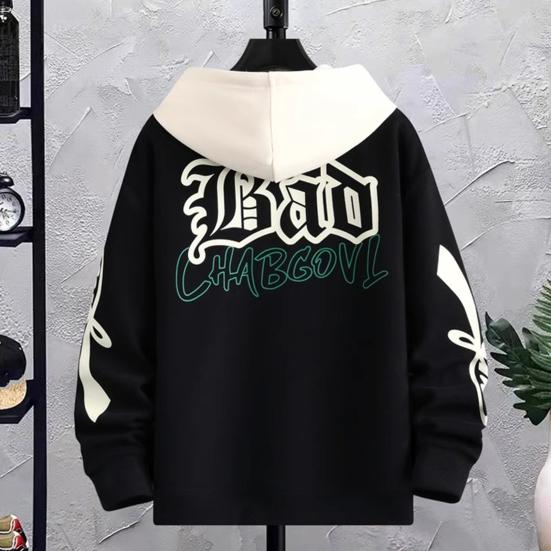 Winter Men Hoodie with Hood Drawstring Letter Printing Color-blocked Hip Hop Style Oversized Thickened Warmth Rentention Outerwear