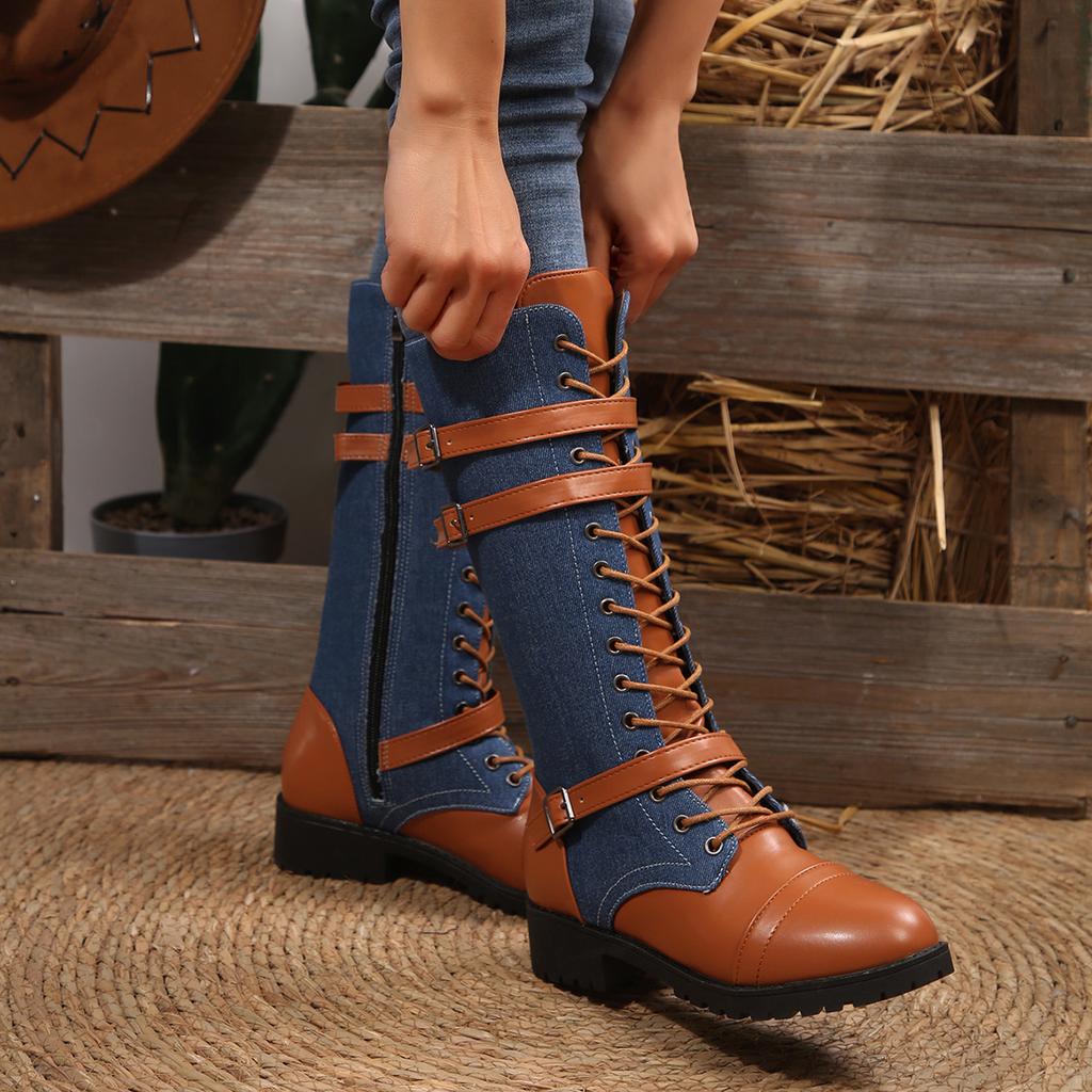 Chunky Harness Combat Boots for Women,Wide Calf Round Toe Lace Up Leather Mid Heel Boots for Fall