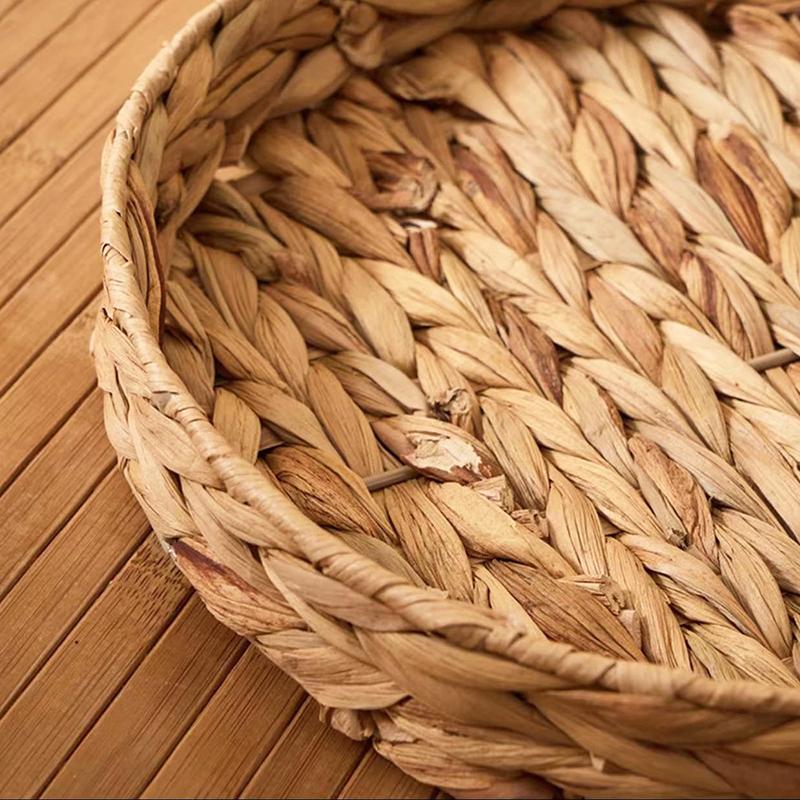 Panier en Osier Rotin Tressé à la Main Panier à Fruits Thé En-cas Pain Boîte de Rangement Ronde Cosmétique Plateau Jacinthe d'Eau Plat à Bijoux