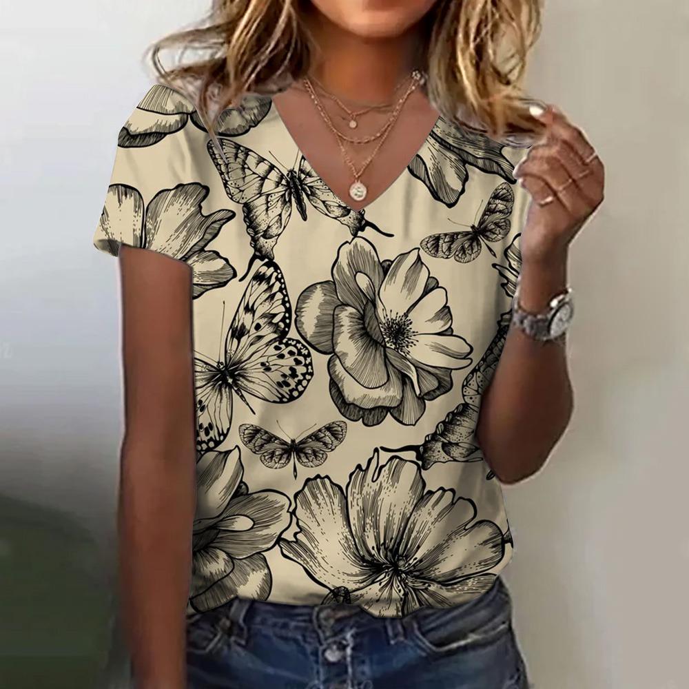 Dam T-shirt Blomtryck Sommar Lös Bekväm Kortärmad Mönstrad Topp V-ringad Casual T-shirt Casual Elegant Klädsel