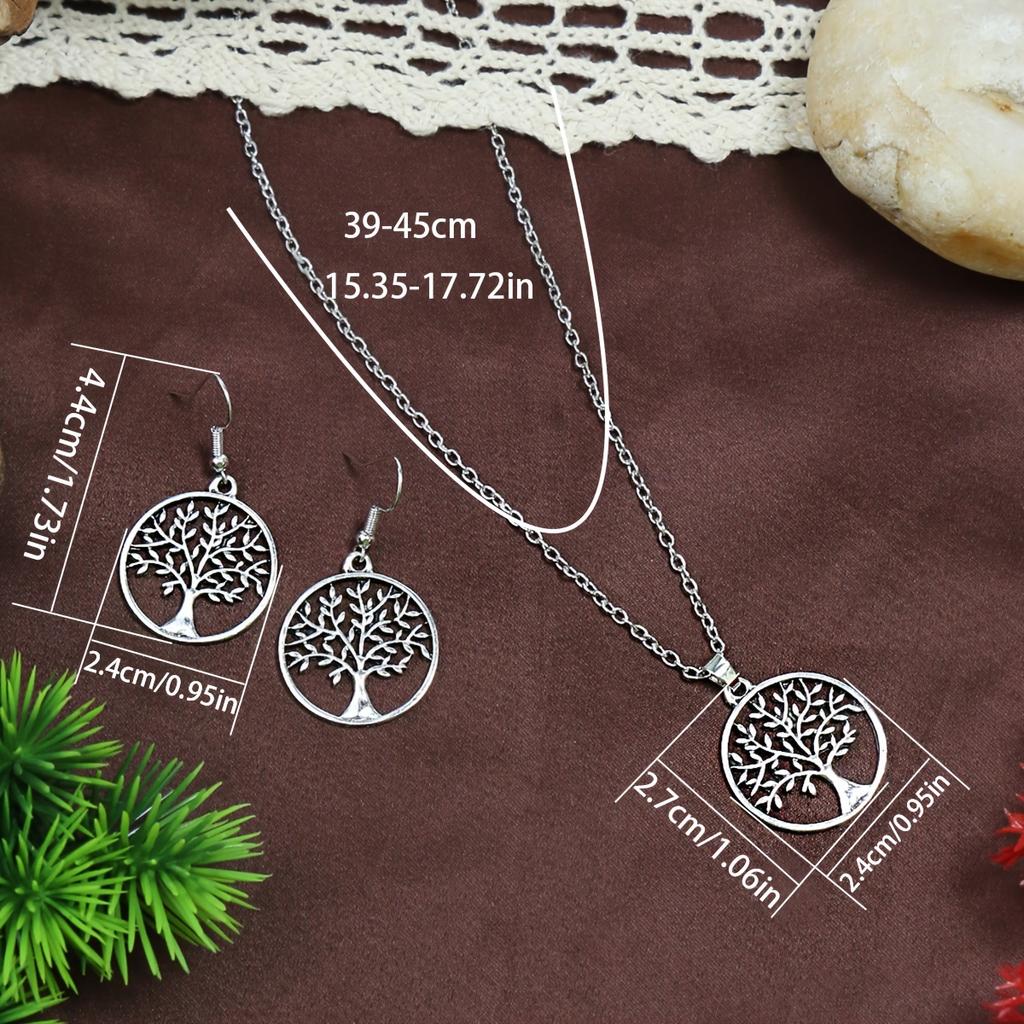 Set de bijuterii pentru femei în stil etnic vintage din 3 piese: Cercei și Colier Pandantiv Arborele Vieții Argint Antic, Accesorii Simple și Unice