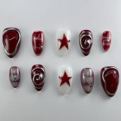 24 STUKS Donkerrood Amandel Valse Nagel Metallic Zilveren Lijnen met Sterpatroon Franse Press-on Nagel Draagbare Ins Nagel Tip Set voor Vrouwen