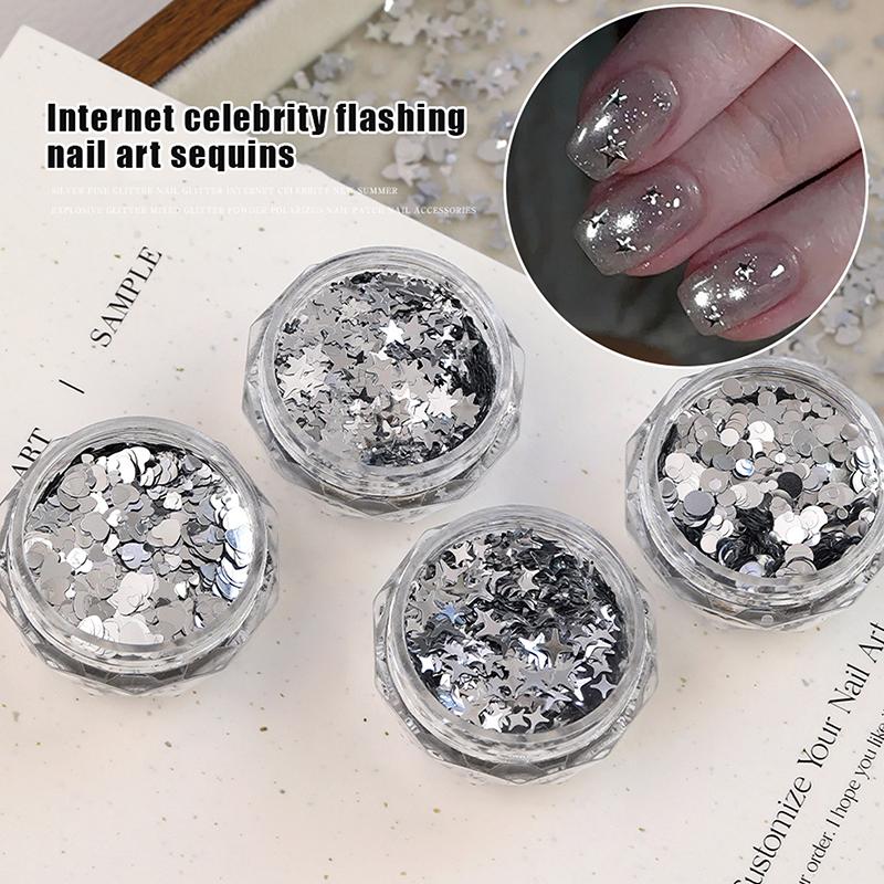 1 Jar Shiny Silver Sequins Mix Shapes Starlight Love Star Slice Decals Manicure Paillette Charms Nail Art Stickers