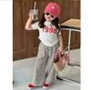 Girls' Summer Elegant Irregular Short Sleeved T-shirt with Striped Wide Leg Pants Korean Style Complete Set of Girls' Summer Set