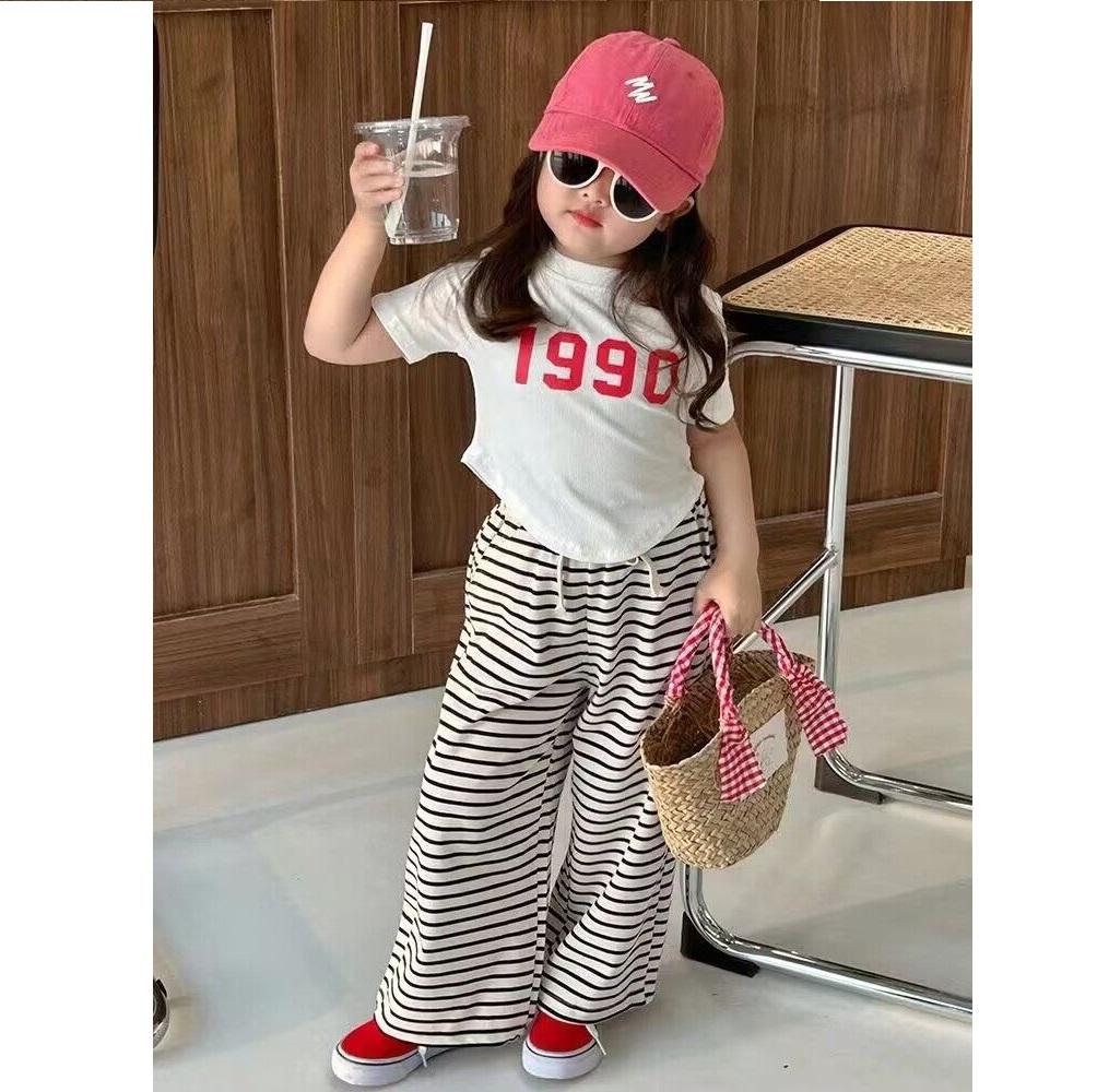 Girls' Summer Elegant Irregular Short Sleeved T-shirt with Striped Wide Leg Pants Korean Style Complete Set of Girls' Summer Set