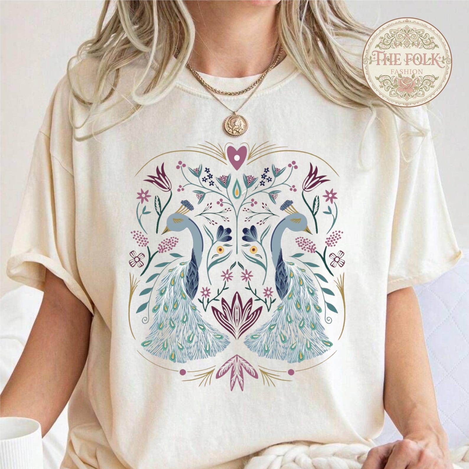 Peacock Folk Art Shirt, Aesthetic Symmetrical Bird Tee, Vintage Botanical Floral Tshirt, Comfort Colors Nature Lover Gift, Boho Peacock Top 4XL