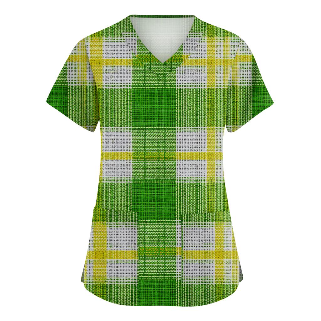 Women's Fashionable V-neck Workwear Printed Short Sleeved Pocket Side Slit Workwear Basic Pullover Top