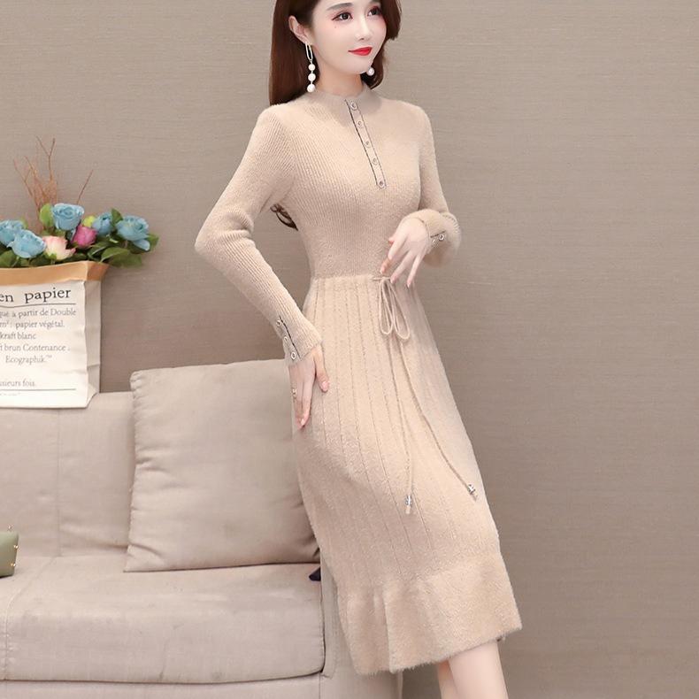 Women's Mink-proof Knitted Dress Loose Solid Color Mid-length Sweater Dress Knee-length Fishtail Dress for Autumn and Winter