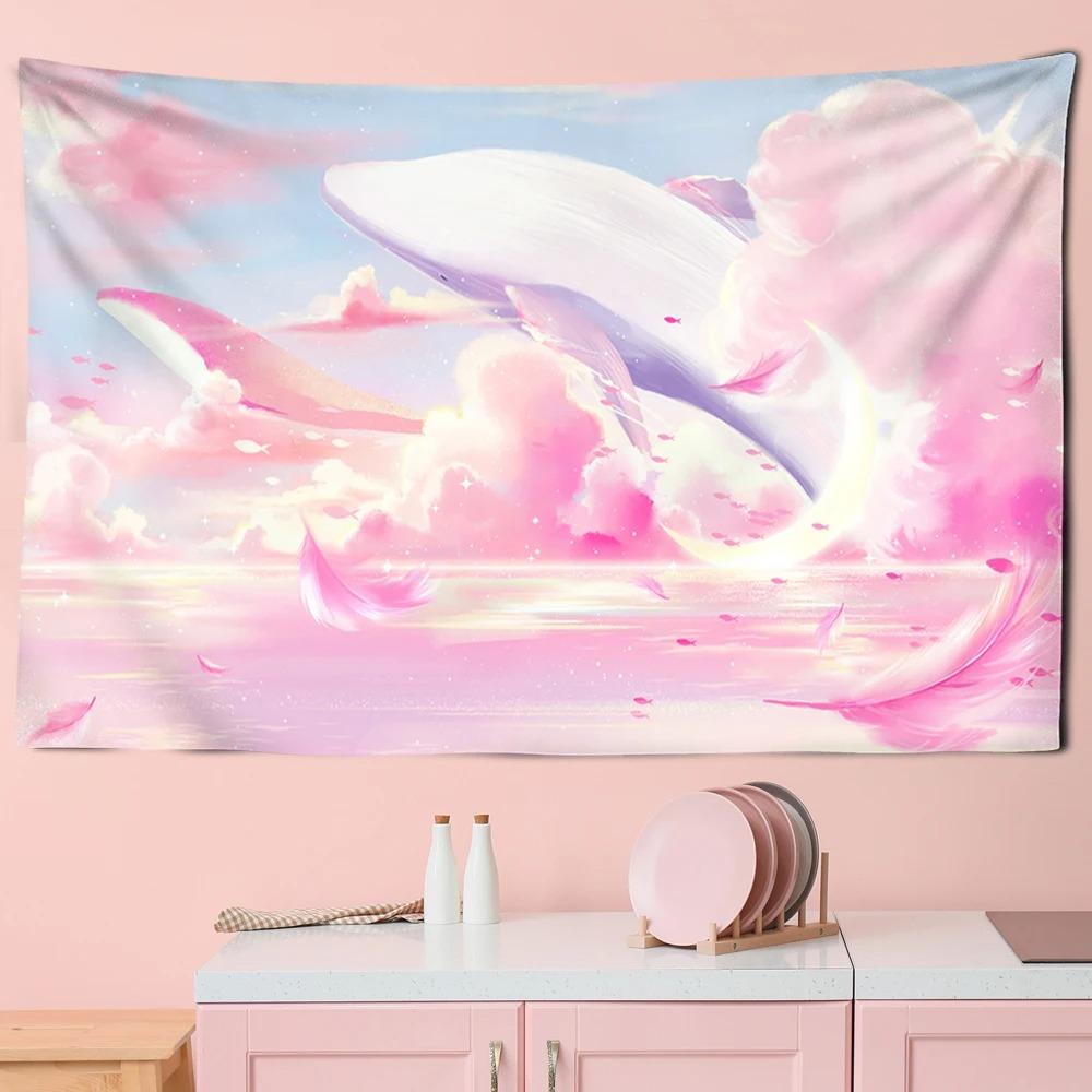 Whale Pattern Hanging Cloth Cartoon Pink Purple Cloud Room Tapestry Home Decoration Bedroom Wall Background Cloth