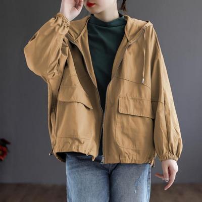 Casaco de primavera forrado feminino tamanho grande ano novo versátil solto ferramental top com capuz trench coat feminino