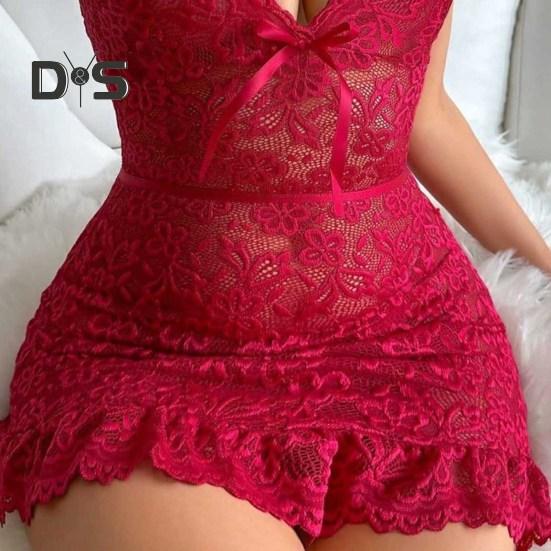 Dámská noční košile s výstřihem do V květinová výšivka bez rukávů Slim Fit noční košile s volánky Průhledná svůdná noční košile do ložnice