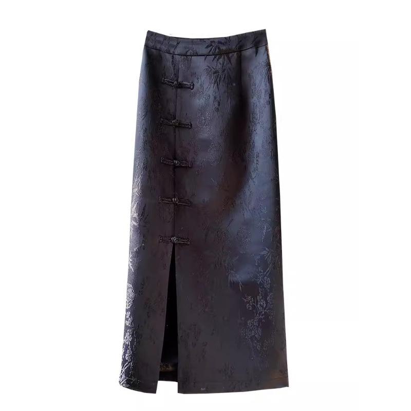Black Modified Latest Chinese Style Chinese Style Buckle Hip Skirt Autumn and Winter Latest Classic Style Jacquard High Waisted Slim Skirt for Women