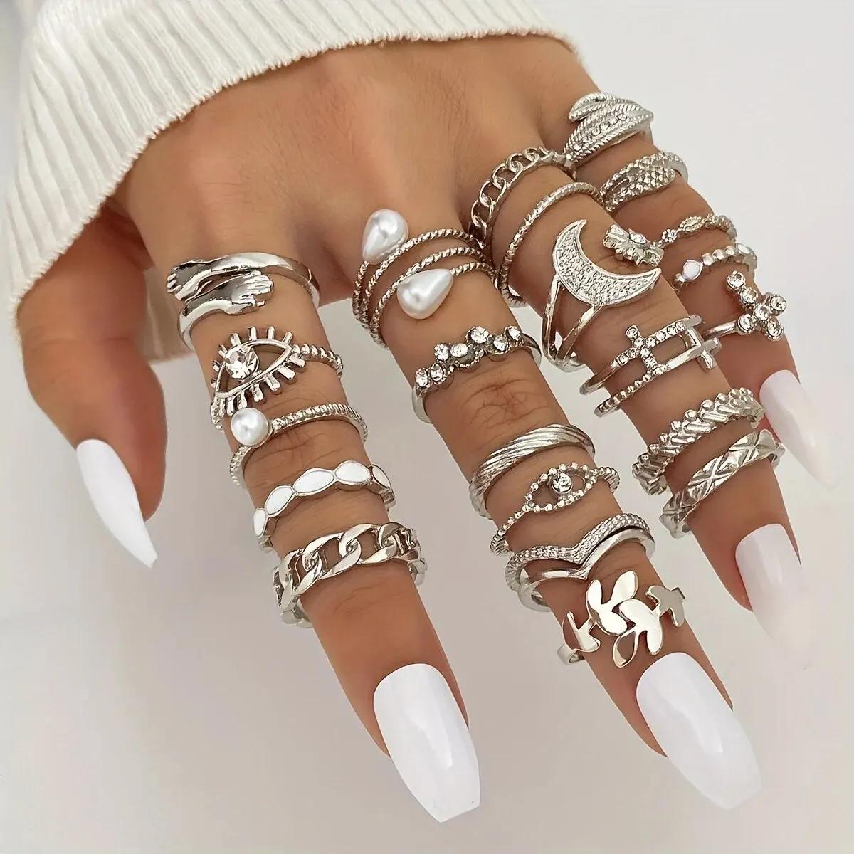 

23pcs Fashion Silver Color Pearl Rings Set For Women Cross Butterfly Leaf Evil Eye Patterns Mix And Match Daily Outfits Jewelry