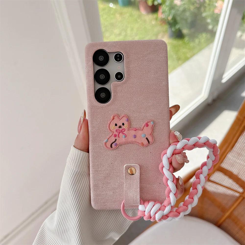 Wrist Strap Weave Cartoon Shockproof Phone Case for Samsung S25 S24 S23 Ultra Galaxy S25 S24 S23 Cowboy Leather Protective Cover