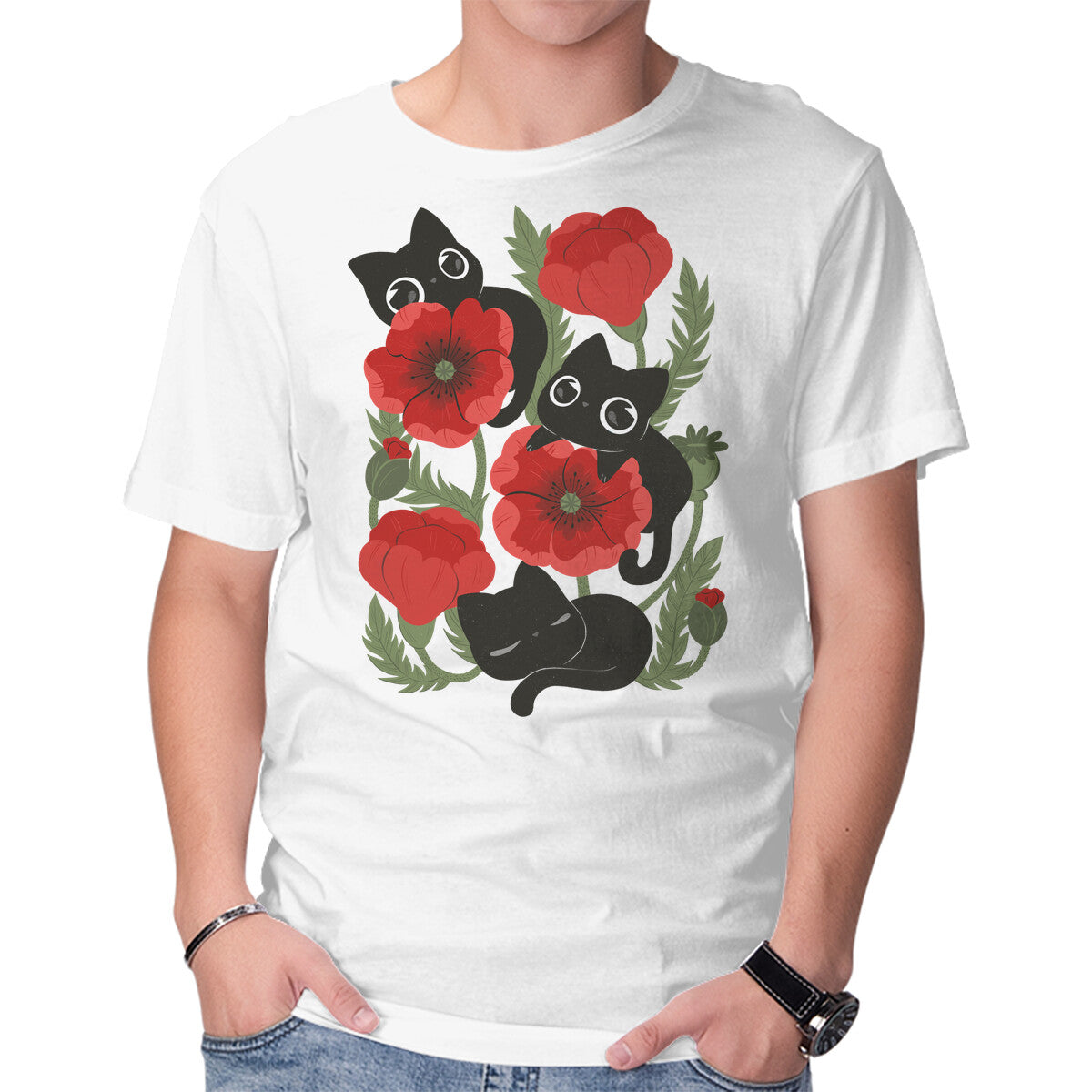 Unisex Crew Neck T-Shirt Poppies And Black Kitties Graphic Short Sleeve Casual Tee XXXL