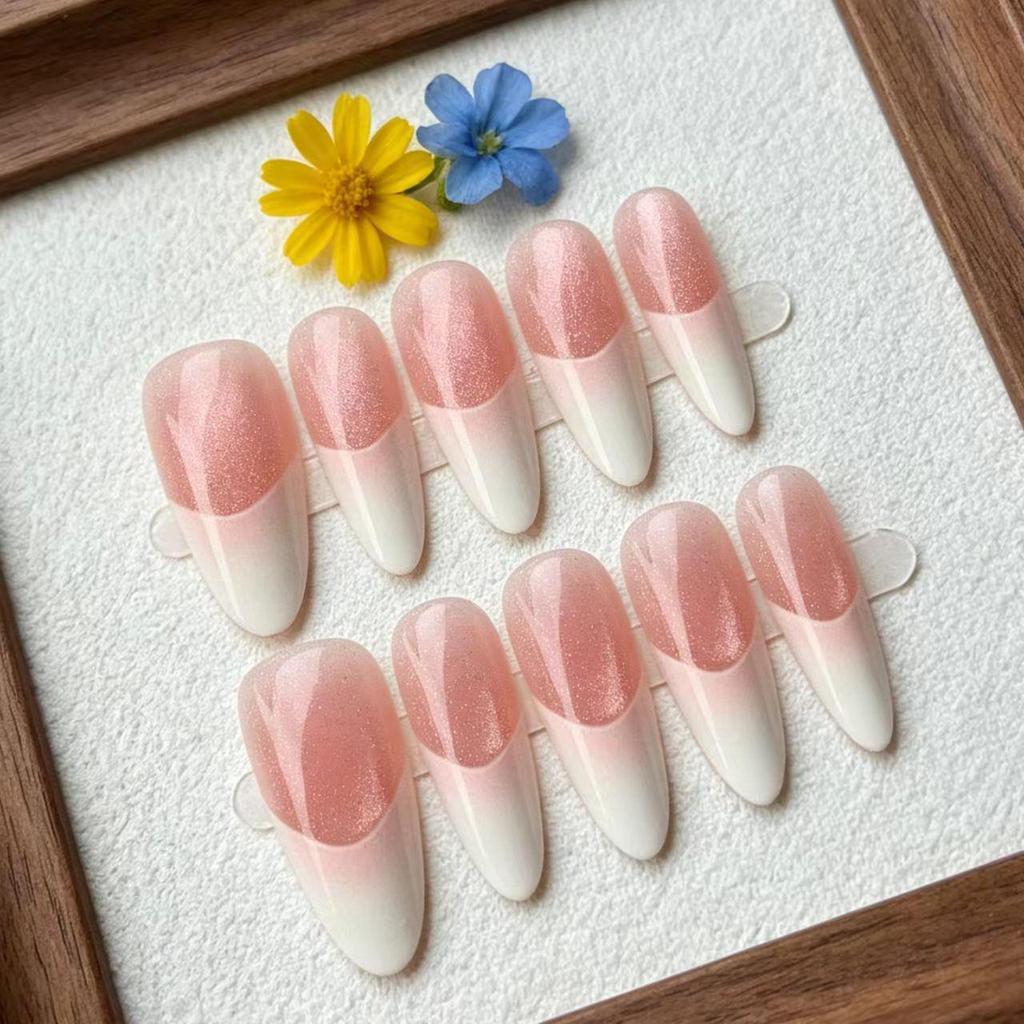 French Ice Translucent Cat Eye Almond Wearable Long Nails - Nude Whitening High-Grade Removable Nail Art Tips