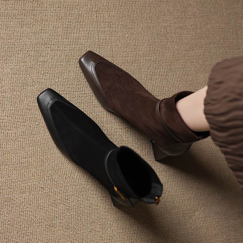 Krazing Pot Flock Cow Skin Square Toe Thick Heels Chelsea Boots Size 42 Beauty Lady Women Modern Fashion Girl Ankle Boots