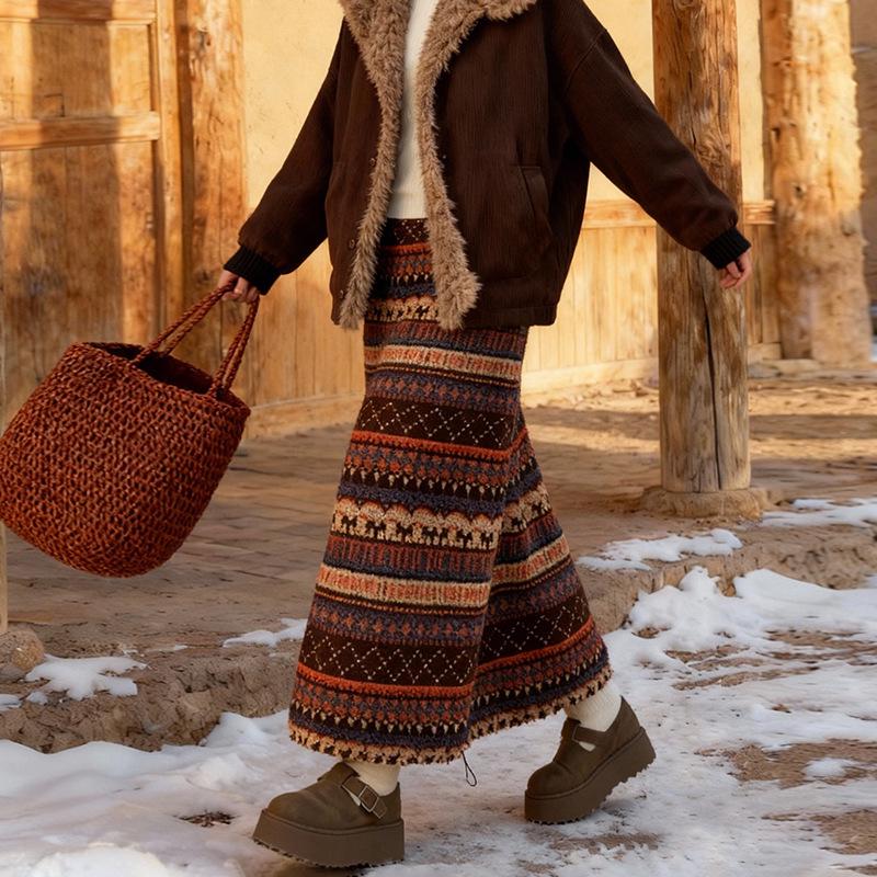 

Двусторонняя юбка-фонарик с высокой талией из флиса в стиле Fair Isle для женщин, Осенне-зимняя коллекция Extra Large