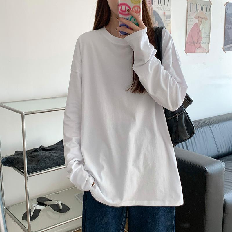 Women Long Sleeve T-Shirt,Spring Loose Cotton Basic Tee,Crew Neck Solid Color Layering Undershirt College Style S-3XL