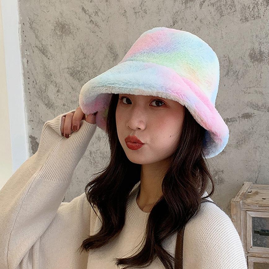Women's Velvet Bucket Hats Faux Fur Winter Travel Rainbow Windproof  Fisherman Hat